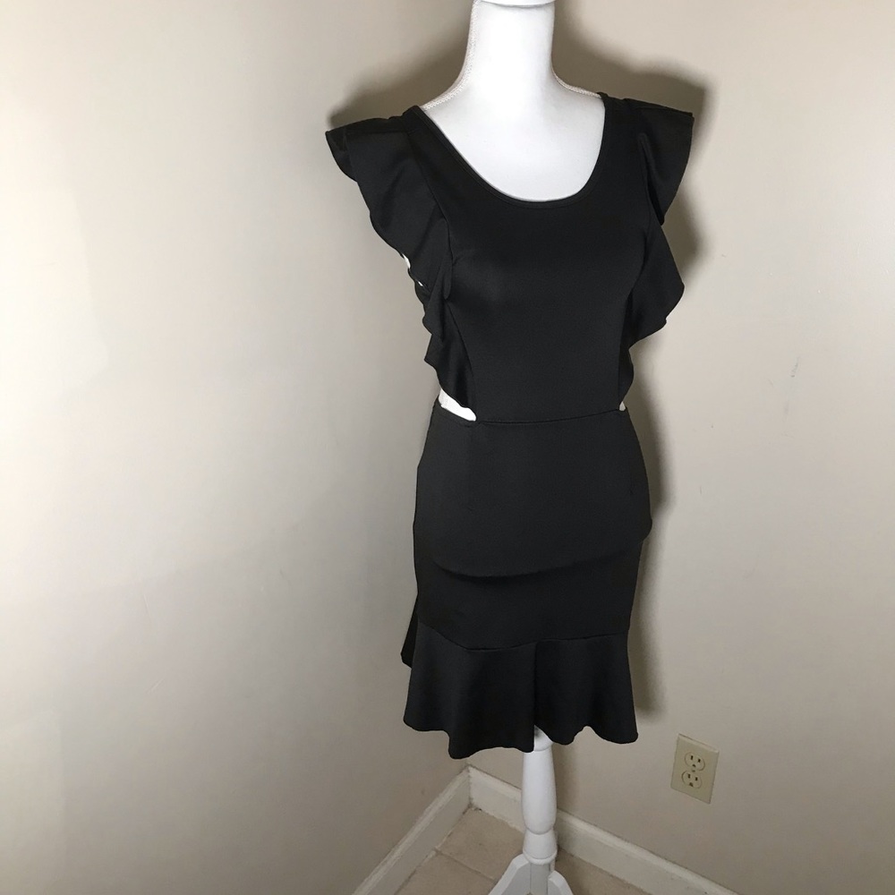 Side-Cut Ruffle Sleeve Black Mini Dress